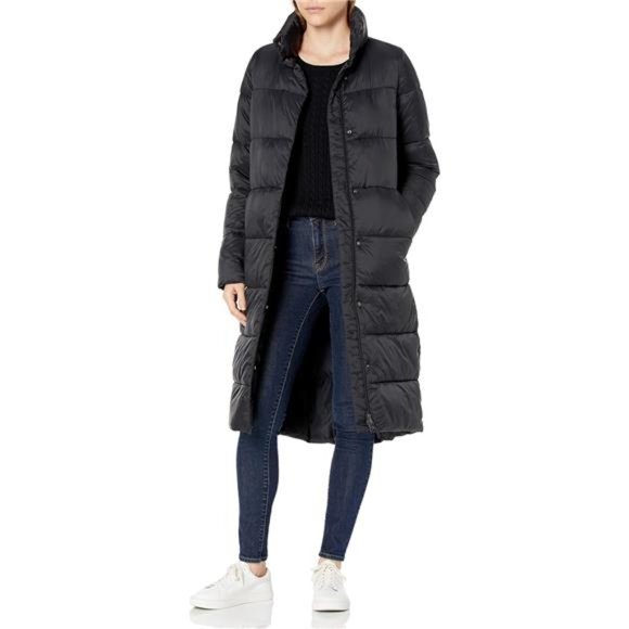 Women's Lightweight Water-Resistant Longer Length Cocoon Puffer Coat,Black